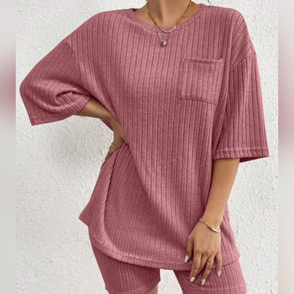 Pink Ribbed Women's Shorts Set - Picture 3 of 9